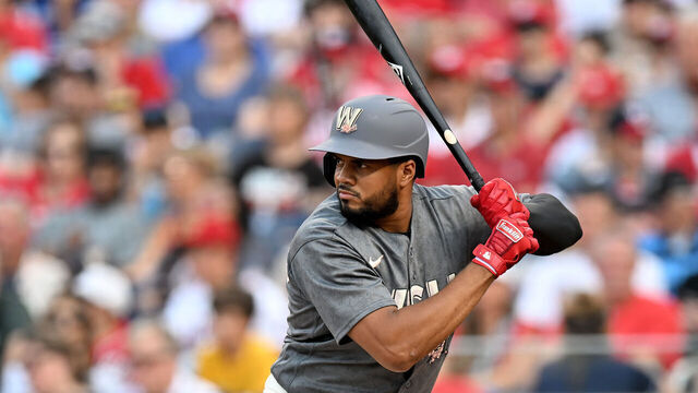 WASHINGTON, DC - JULY 22: Jeimer Candelario #9 of the Washington Nationals bats against the San Francisco Giants at Nationals Park on July 22, 2023 in Washington, DC.