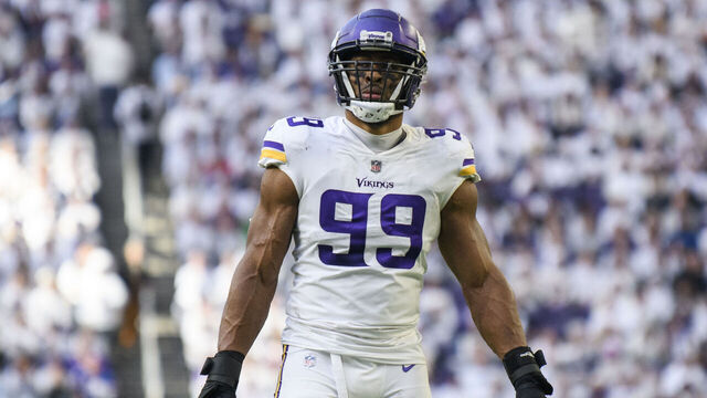 MINNEAPOLIS, MN - DECEMBER 24: Danielle Hunter #99 of the Minnesota Vikings on field between plays in the second quarter of the game against the New York Giants at U.S. Bank Stadium on December 24, 2022 in Minneapolis, Minnesota.