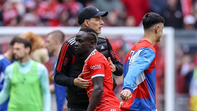 MUNICH, GERMANY - MAY 13: head coach Thomas Tuchel of Bayern Muenchen and Sadio Mane of Bayern Muenchen look on after the Bundesliga match between FC Bayern München and FC Schalke 04 at Allianz Arena on May 13, 2023 in Munich, Germany.