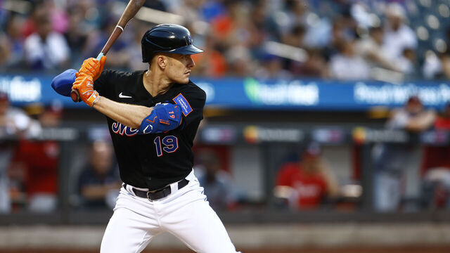 NEW YORK, NEW YORK - JULY 28: Mark Canha #19 of the New York Mets in action against the Washington Nationals during a game at Citi Field on July 28, 2023 in New York City.