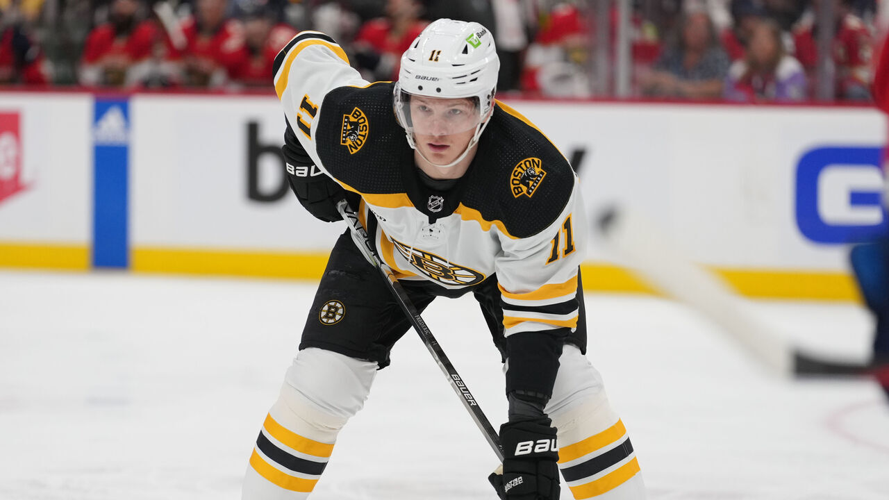 SUNRISE, FL - APRIL 23: Boston Bruins center Trent Frederic (11) waits for a face-off in the first period during game four of the first round of the Eastern Conference Playoffs between the Boston Bruins and the Florida Panthers on Friday, April 23, 2023 at FLA Live Arena in Sunrise, Fla