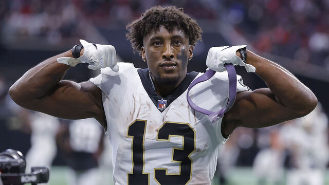 ATLANTA, GEORGIA - SEPTEMBER 11: Michael Thomas #13 of the New Orleans Saints celebrates during the fourth quarter against the Atlanta Falcons at Mercedes-Benz Stadium on September 11, 2022 in Atlanta, Georgia.