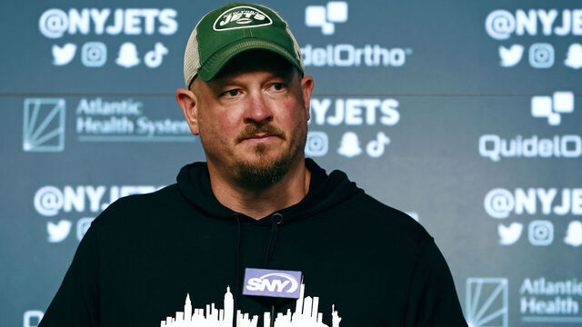 FLORHAM PARK, NEW JERSEY - JUNE 9: Offensive coordinator Nathaniel Hackett of the New York Jets talks to reporters after the teams OTAs at Atlantic Health Jets Training Center on June 9, 2023 in Florham Park, New Jersey.