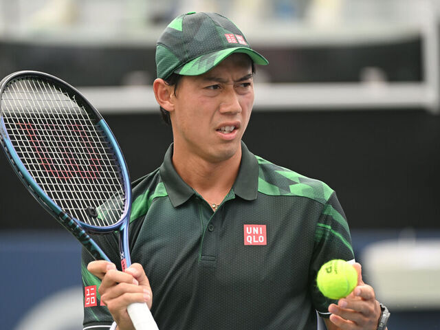 ATLANTA, GEORGIA - JULY 28: Kei Nishikori of Japan looks on in between serves against Taylor Fritz during the ATP Atlanta Open quarter finals at Atlantic Station on July 28, 2023 in Atlanta, Georgia.