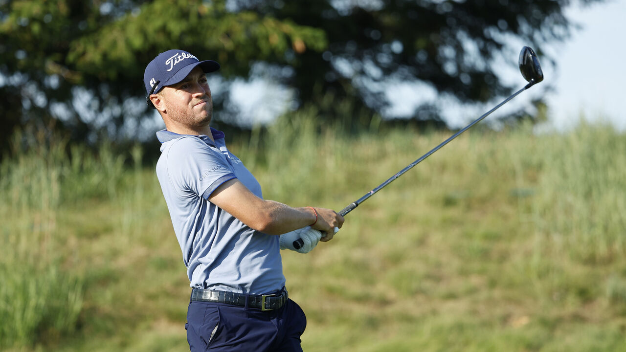 BLAINE, MINNESOTA - JULY 28: Justin Thomas of the United States watches his tee shot on the 12th hole during the second round of the 3M Open at TPC Twin Cities on July 28, 2023 in Blaine, Minnesota.