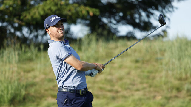 BLAINE, MINNESOTA - JULY 28: Justin Thomas of the United States watches his tee shot on the 12th hole during the second round of the 3M Open at TPC Twin Cities on July 28, 2023 in Blaine, Minnesota.
