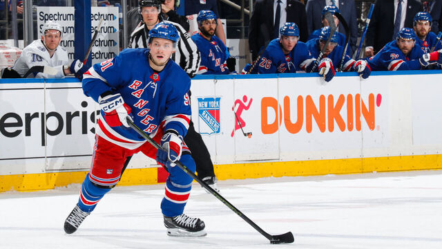 NEW YORK, NEW YORK - APRIL 05: Vladimir Tarasenko #91 of the New York Rangers skates with the puck against the Tampa Bay Lightning at Madison Square Garden on April 5, 2023 in New York City.