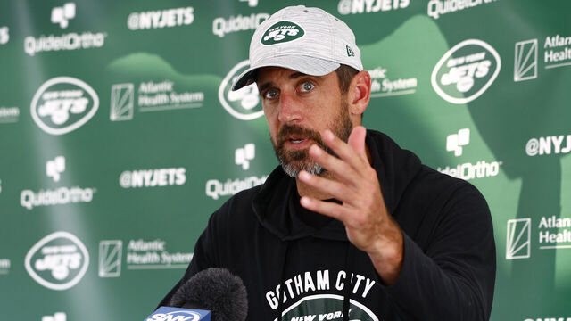 FLORHAM PARK, NEW JERSEY - JULY 26: Quarterback Aaron Rodgers #8 of the New York Jets talks to reporters after training camp at Atlantic Health Jets Training Center on July 26, 2023 in Florham Park, New Jersey.