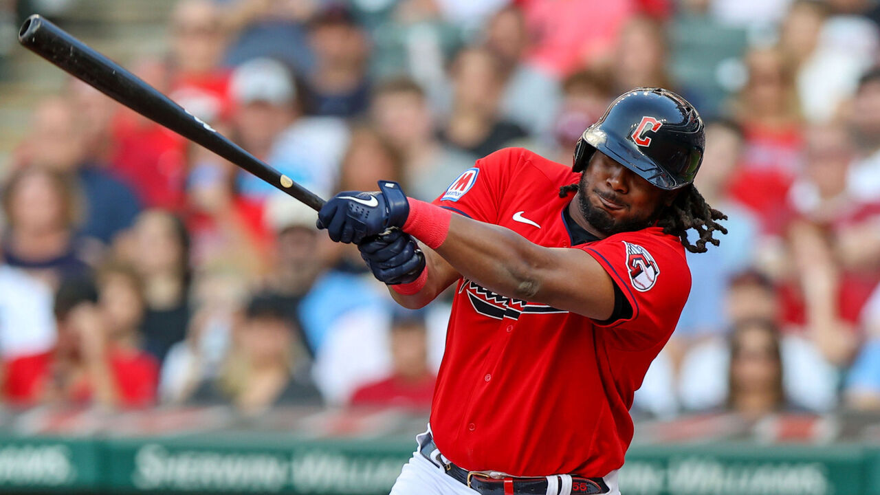 CLEVELAND, OH - JULY 22: Cleveland Guardians designated hitter Josh Bell (55) singles during the second inning of the Major League Baseball Interleague game between the Philadelphia Phillies and Cleveland Guardians on July 22, 2023, at Progressive Field in Cleveland, OH.