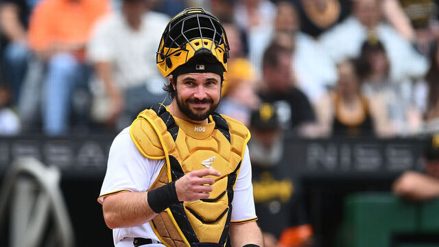 PITTSBURGH, PA - JULY 2: Austin Hedges #18 of the Pittsburgh Pirates looks on during the game against the Milwaukee Brewers at PNC Park on July 2, 2023 in Pittsburgh, Pennsylvania.