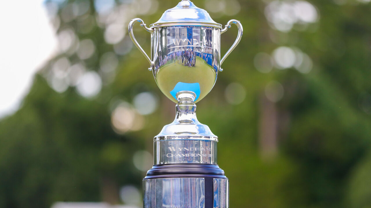 GREENSBORO, NC - AUGUST 07: The Wyndham Championship trophy on display during the final round of the Wyndham Championship PGA Tournament on August 7, 2022, at Sedgefield Country Club in Greensboro, NC.