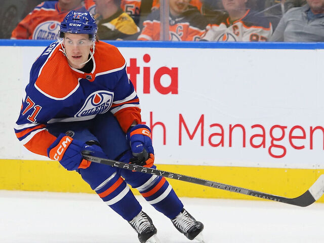 EDMONTON, CANADA - FEBRUARY 27: Ryan McLeod #71 of the Edmonton Oilers skates during the game against the Boston Bruins in the second period on February 27, 2023 at Rogers Place in Edmonton, Alberta, Canada.