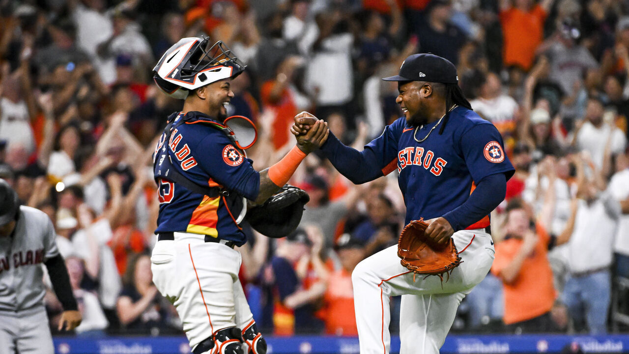 HOUSTON, TEXAS - AUGUST 01: Framber Valdez #59 celebrates with Martin Maldonado #15 of the Houston Astros after pitching a no-hitter against the Cleveland Guardians at Minute Maid Park on August 01, 2023 in Houston, Texas.