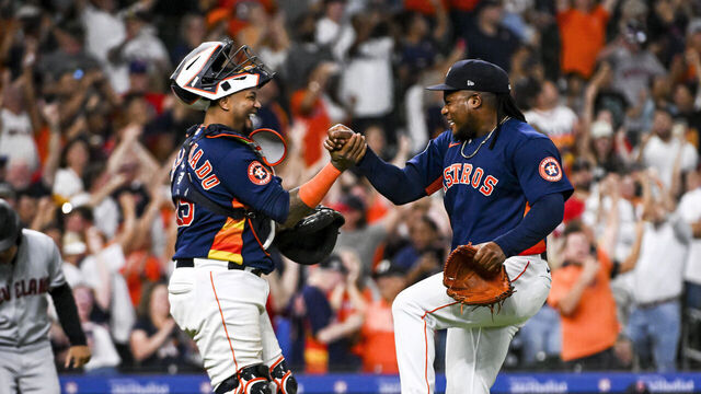 HOUSTON, TEXAS - AUGUST 01: Framber Valdez #59 celebrates with Martin Maldonado #15 of the Houston Astros after pitching a no-hitter against the Cleveland Guardians at Minute Maid Park on August 01, 2023 in Houston, Texas.
