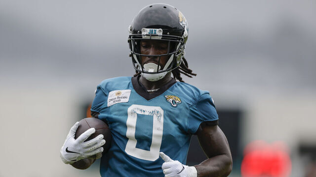 JACKSONVILLE, FL - JULY 31: Jacksonville Jaguars Wide Receiver Calvin Ridley (0) runs with the ball during Training Camp on July 31, 2023 at the Miller Electric Center in Jacksonville, Fl.