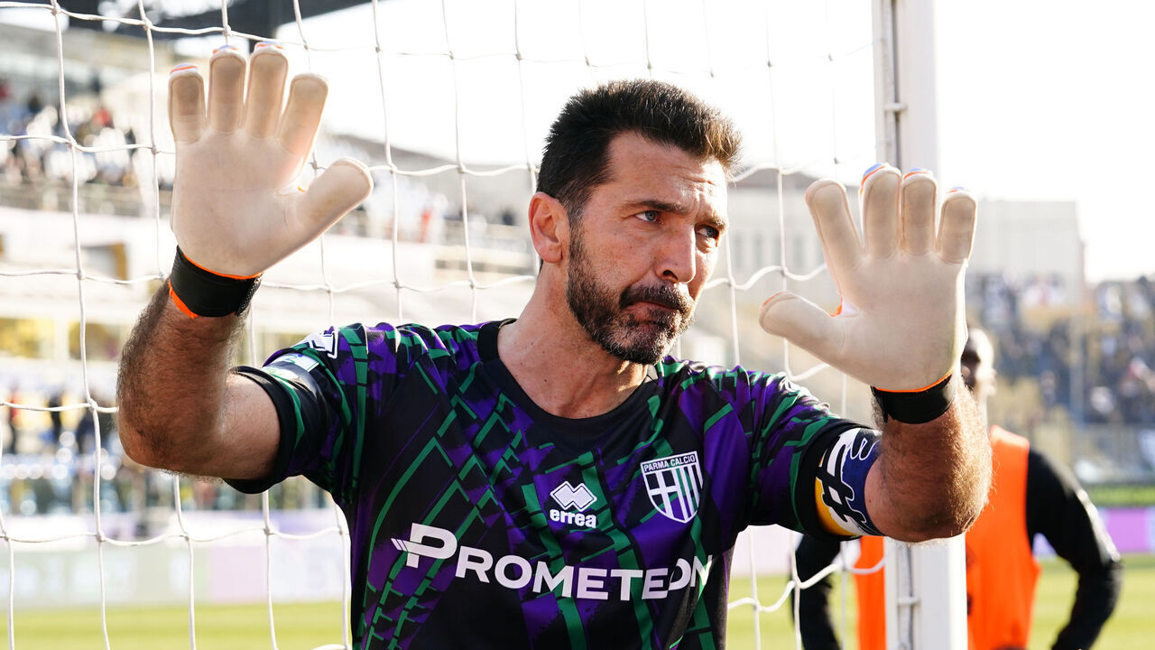 PARMA, ITALY - FEBRUARY 18: Goalkeeper of Parma Calcio Gianluigi Buffon reacts at the end of the Serie B mathc between Parma Calcio and Ascoli at Stadio Ennio Tardini on February 18, 2023 in Parma, Italy.