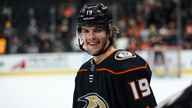 ANAHEIM, CALIFORNIA - APRIL 13: Troy Terry #19 of the Anaheim Ducks smiles during warmups before the game against the Los Angeles Kings at Honda Center on April 13, 2023 in Anaheim, California.