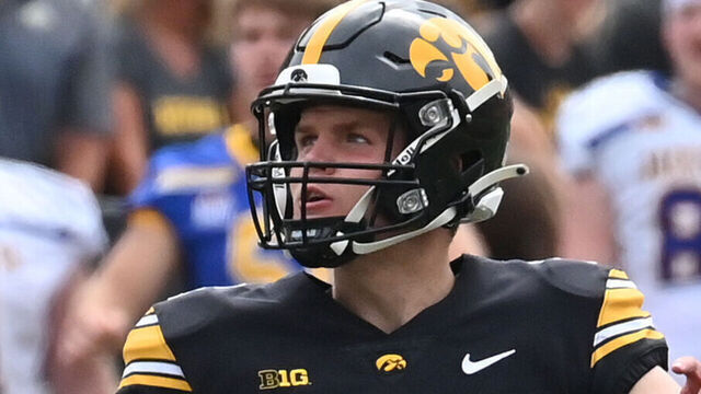 IOWA CITY, IA - SEPTEMBER 03: Iowa placekicker Aaron Blom (1) reacts after kicking a field goal during a college football game between the South Dakota State Jackrabbits and the Iowa Hawkeyes, September 03, 2022, at Kinnick Stadium, Iowa City, IA. Photo by Keith Gillett/Icon Sportswire via Getty Images),