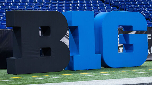 INDIANAPOLIS, INDIANA - JULY 26: The Big Ten logo is seen on-field at Big Ten football media days at Lucas Oil Stadium on July 26, 2023 in Indianapolis, Indiana.