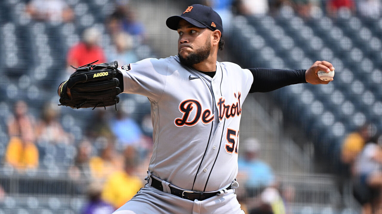 PITTSBURGH, PENNSYLVANIA - AUGUST 2: Eduardo Rodriguez #57 of the Detroit Tigers deliver a pitch in the first inning during the game against the Pittsburgh Pirates at PNC Park on August 2, 2023 in Pittsburgh, Pennsylvania.