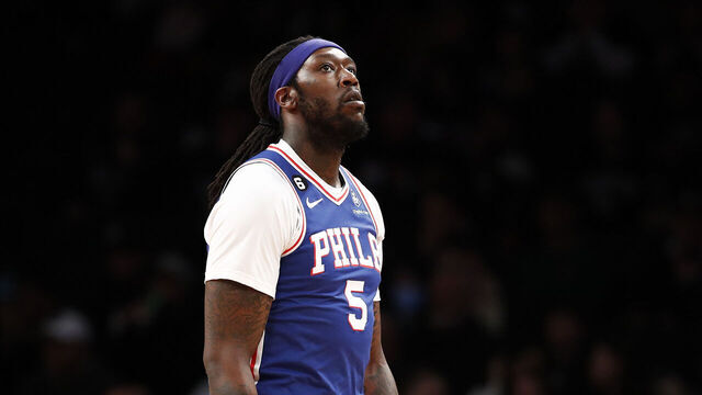 NEW YORK, NEW YORK - APRIL 09: Montrezl Harrell #5 of the Philadelphia 76ers looks on during the first half against the Brooklyn Nets at Barclays Center on April 09, 2023 in the Brooklyn borough of New York City.