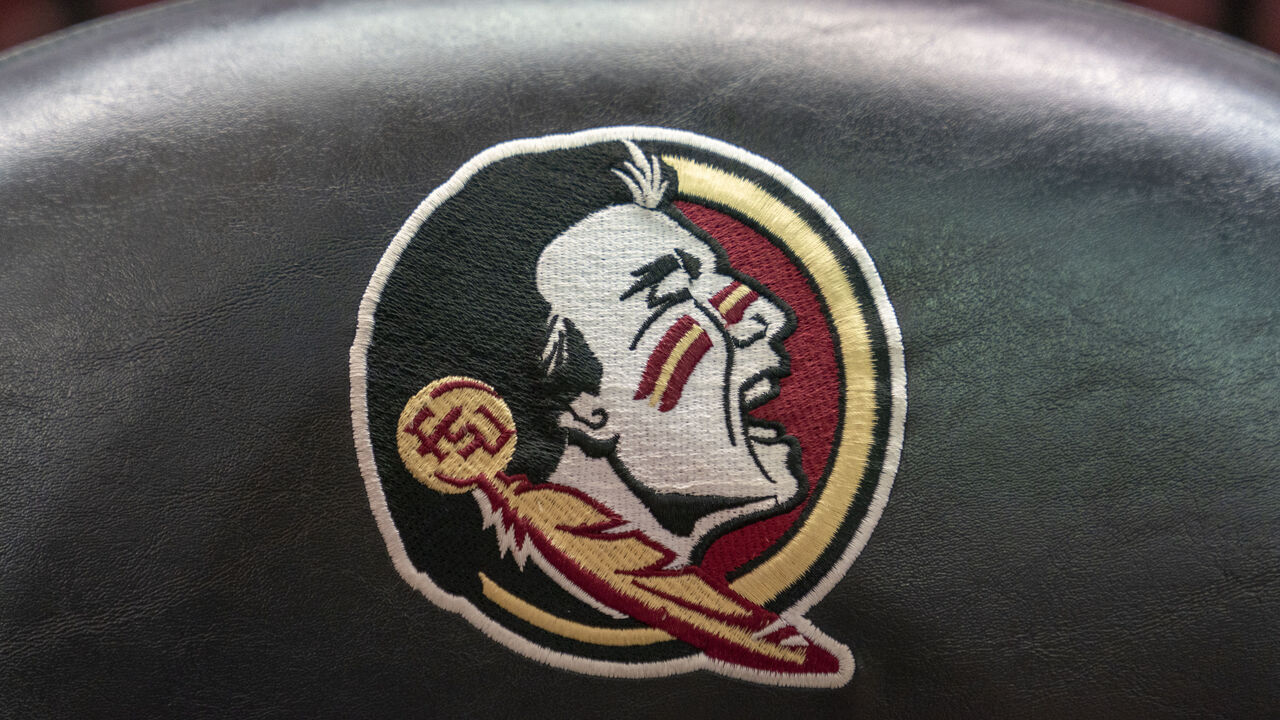 TALLAHASSEE, FL - OCTOBER 27: Florida State Seminoles logo on a chair during a college basketball game against the Newberry College Wolves on October 27, 2022, at Donald L Tucker Civic Center in Tallahassee, FL.