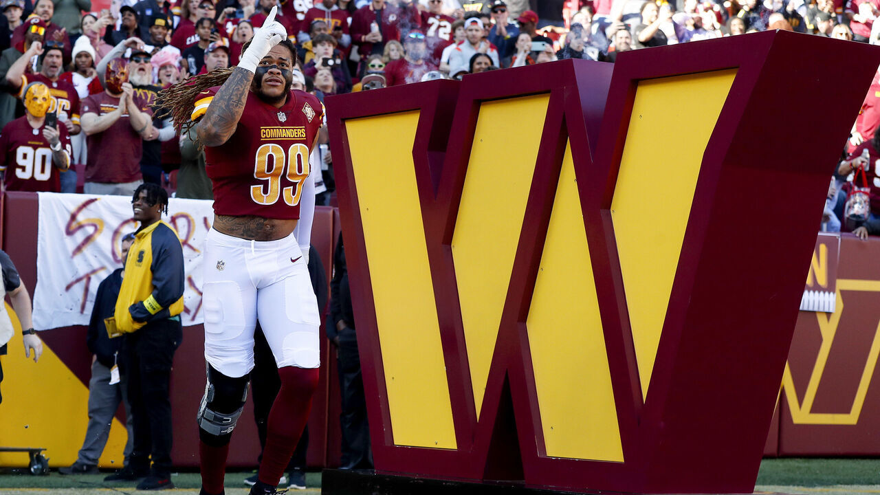 LANDOVER, MARYLAND - JANUARY 01: Chase Young #99 of the Washington Commanders takes the field prior to a game against the Cleveland Browns at FedExField on January 01, 2023 in Landover, Maryland.