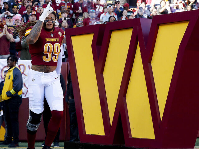 LANDOVER, MARYLAND - JANUARY 01: Chase Young #99 of the Washington Commanders takes the field prior to a game against the Cleveland Browns at FedExField on January 01, 2023 in Landover, Maryland.