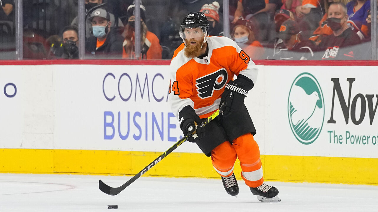 PHILADELPHIA, PA - SEPTEMBER 28: Philadelphia Flyers Defenseman Ryan Ellis (94) controls the puck during the first period of the National Hockey League game between the New York Islanders and the Philadelphia Flyers on September 28, 2021 at the Wells Fargo Center in Philadelphia, PA.