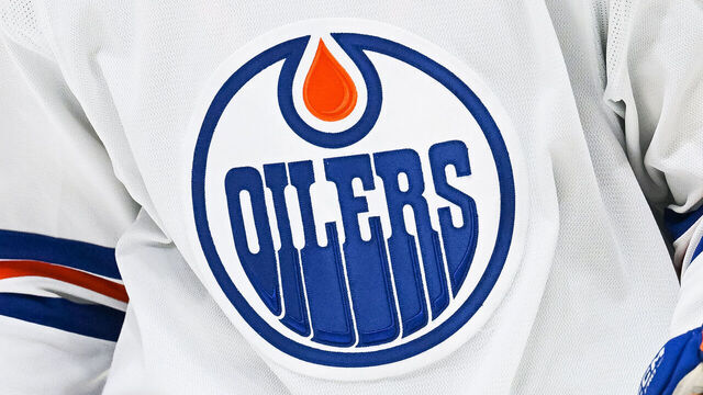 MONTREAL, QC - FEBRUARY 12: View of a Edmonton Oilers logo on a jersey worn by a member of the team during the Edmonton Oilers versus the Montreal Canadiens game on February 12, 2023, at Bell Centre in Montreal, QC