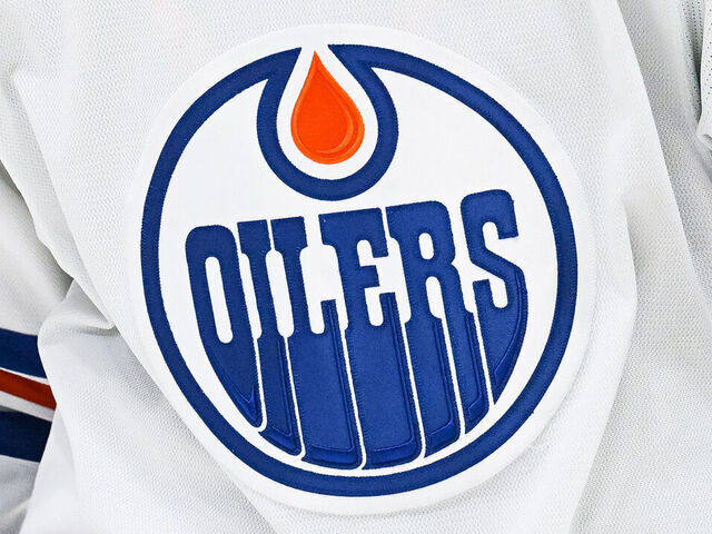 MONTREAL, QC - FEBRUARY 12: View of a Edmonton Oilers logo on a jersey worn by a member of the team during the Edmonton Oilers versus the Montreal Canadiens game on February 12, 2023, at Bell Centre in Montreal, QC