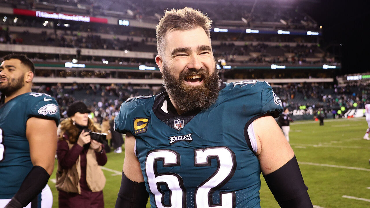 PHILADELPHIA, PENNSYLVANIA - JANUARY 21: Jason Kelce #62 of the Philadelphia Eagles celebrates on the field after defeating the New York Giants 38-7 in the NFC Divisional Playoff game at Lincoln Financial Field on January 21, 2023 in Philadelphia, Pennsylvania.