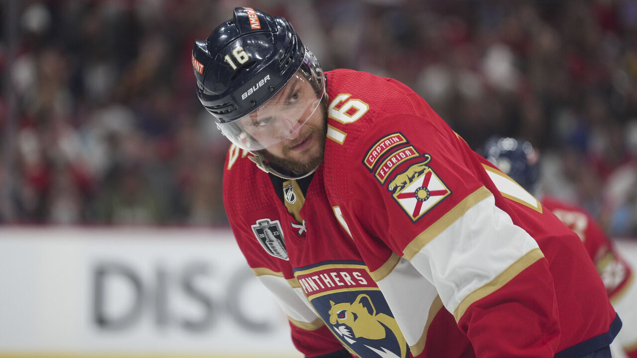 SUNRISE, FL - JUNE 08: Florida Panthers center Aleksander Barkov (16) looks at a teammate before a face-off in the first period looks during game three of the Stanley Cup Final between the Vegas Golden Knights and the Florida Panthers on Thursday, June 8, 2023 at FLA Live Arena, Sunrise, Fla.