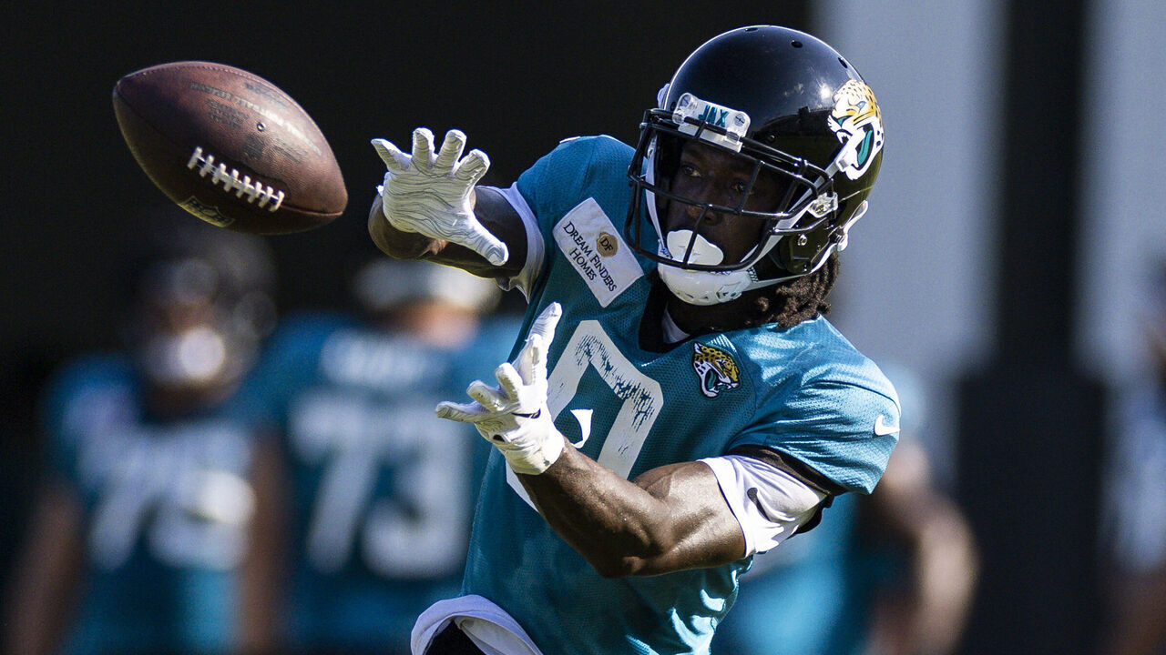 JACKSONVILLE, FLORIDA - AUGUST 02: Calvin Ridley #0 of the Jacksonville Jaguars catches a pass during Training Camp at Miller Electric Center on August 02, 2023 in Jacksonville, Florida.