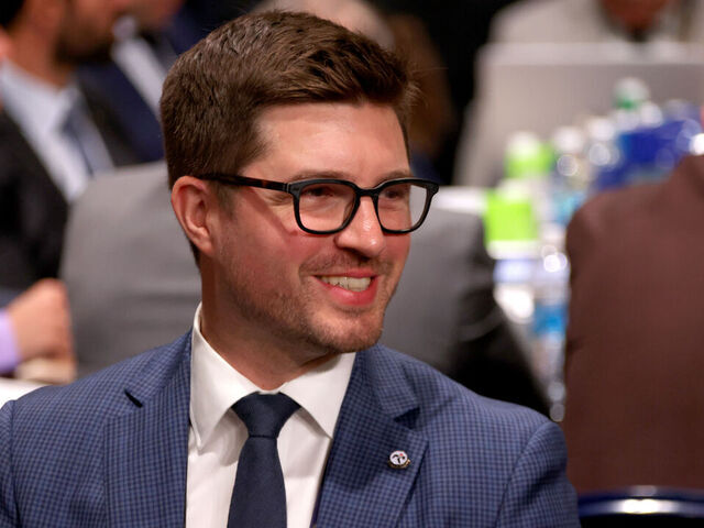 NASHVILLE, TENNESSEE - JUNE 29: Kyle Dubas of the Toronto Maple Leafs looks on during the 2023 Upper Deck NHL Draft - Rounds 2-7 at Bridgestone Arena on June 29, 2023 in Nashville, Tennessee.