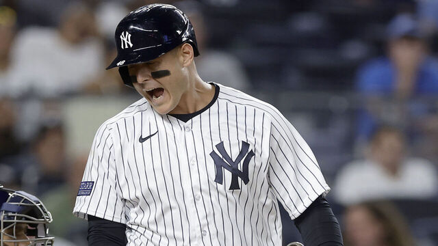 NEW YORK, NEW YORK - JULY 31: Anthony Rizzo #48 of the New York Yankees reacts after striking out during the ninth inning against the Tampa Bay Rays at Yankee Stadium on July 31, 2023 in Bronx borough of New York City.