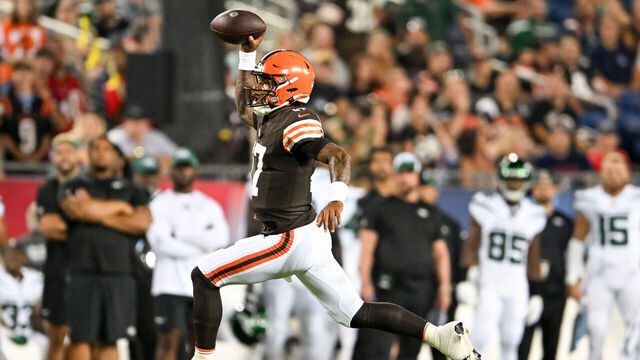 CANTON, OHIO - AUGUST 03: Dorian Thompson-Robinson #17 of the Cleveland Browns looks to pass during the second half of the 2023 Pro Hall of Fame Game against the New York Jets at Tom Benson Hall Of Fame Stadium on August 3, 2023 in Canton, Ohio.