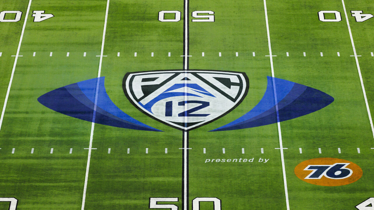 LAS VEGAS, NV - DECEMBER 02: Detail view of PAC-12 logo paint on the field from an elevated position during the Pac-12 Championship football game between Utah Utes and USC Trojans on December 2, 2022 at Allegiant Stadium in Las Vegas, NV.