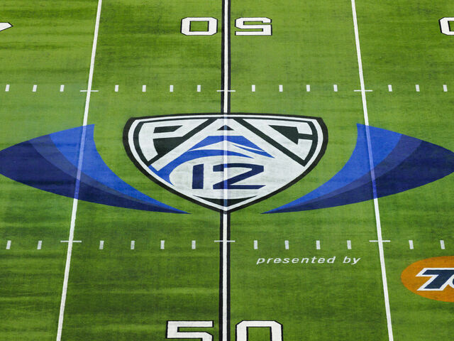 LAS VEGAS, NV - DECEMBER 02: Detail view of PAC-12 logo paint on the field from an elevated position during the Pac-12 Championship football game between Utah Utes and USC Trojans on December 2, 2022 at Allegiant Stadium in Las Vegas, NV.