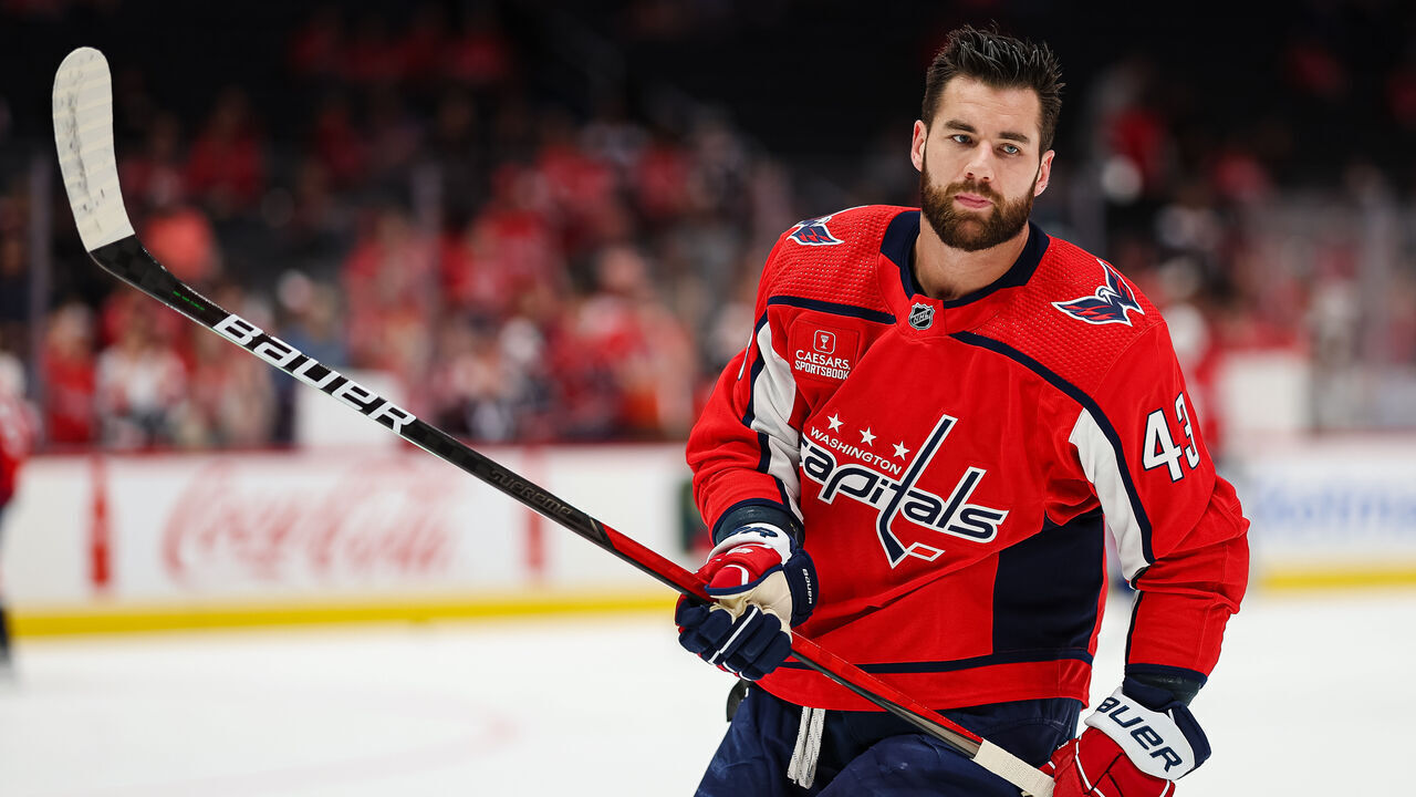 WASHINGTON, DC - APRIL 13: Tom Wilson #43 of the Washington Capitals skates before the game against the New Jersey Devils at Capital One Arena on April 13, 2023 in Washington, DC.