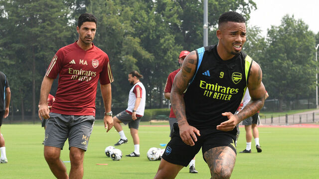 WASHINGTON, DC - JULY 17: Gabriel Jesus of Arsenal and Arsenal Manager Mikel Arteta during the Arsenal Training session at George Mason University on July 17, 2023 in Washington, DC.