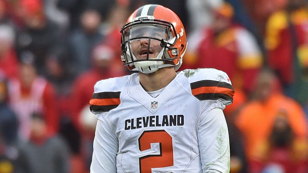 KANSAS CITY, MO - DECEMBER 27: Quarterback Johnny Manziel #2 of the Cleveland Browns reacts after turning the ball over on downs against the Kansas City Chiefs during the second half on December 27, 2015 at Arrowhead Stadium in Kansas City, Missouri.