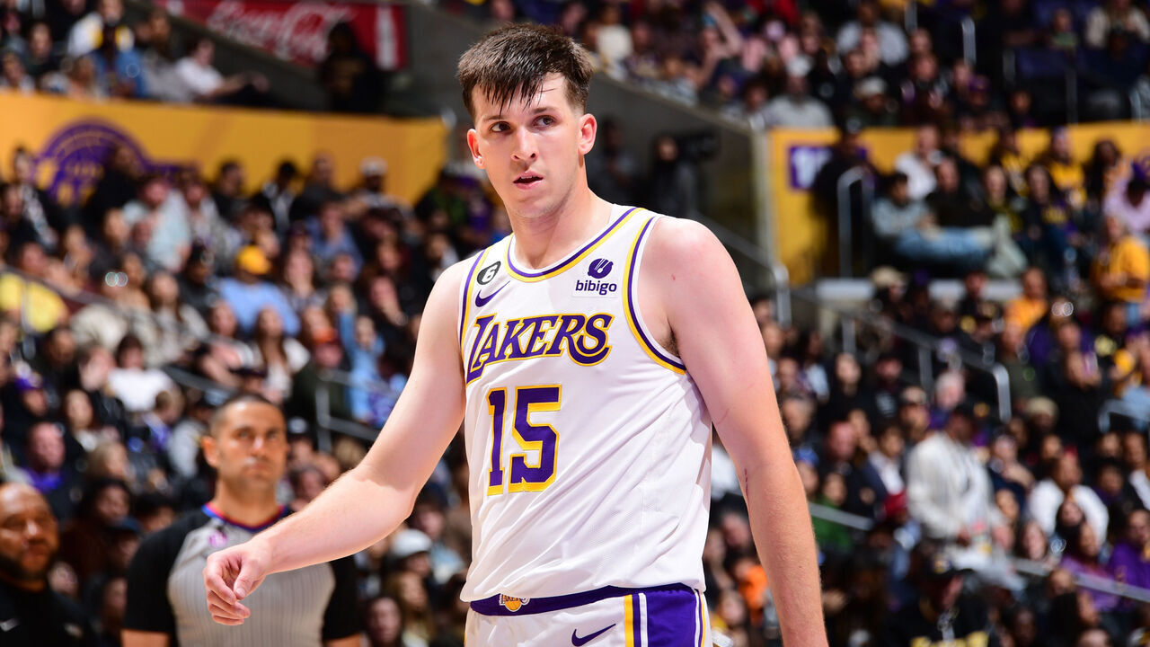 LOS ANGELES, CA - MARCH 19: Austin Reaves #15 of the Los Angeles Lakers looks on during the game on March 19, 2023 at Crypto.Com Arena in Los Angeles, California. NOTE TO USER: User expressly acknowledges and agrees that, by downloading and/or using this Photograph, user is consenting to the terms and conditions of the Getty Images License Agreement. Mandatory Copyright Notice: Copyright 2023 NBAE