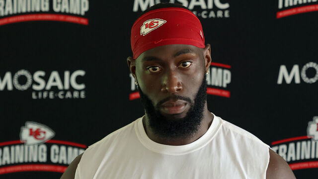 ST JOSEPH, MISSOURI - JULY 25: Defensive end Charles Omenihu #90 of the Kansas City Chiefs speaks to the media during Kansas City Chiefs Training Camp on July 25, 2023 in St Joseph, Missouri.