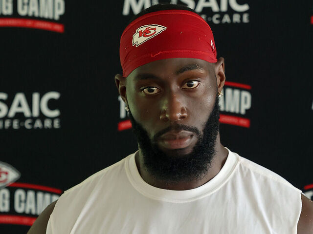 ST JOSEPH, MISSOURI - JULY 25: Defensive end Charles Omenihu #90 of the Kansas City Chiefs speaks to the media during Kansas City Chiefs Training Camp on July 25, 2023 in St Joseph, Missouri.