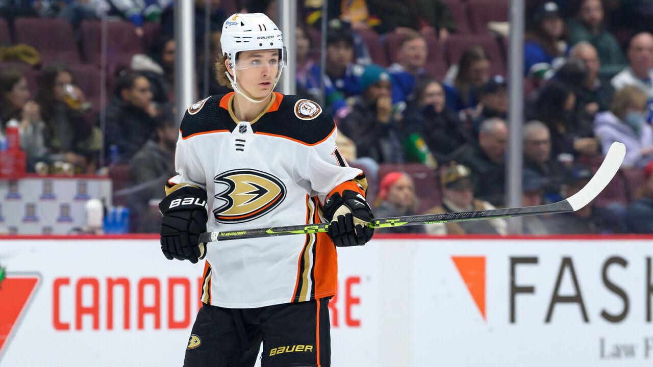 VANCOUVER, BC - MARCH 08: Anaheim Ducks left wing Trevor Zegras (11) skates up ice during their NHL game against the Vancouver Canucks at Rogers Arena on March 8, 2023 in Vancouver, British Columbia, Canada.