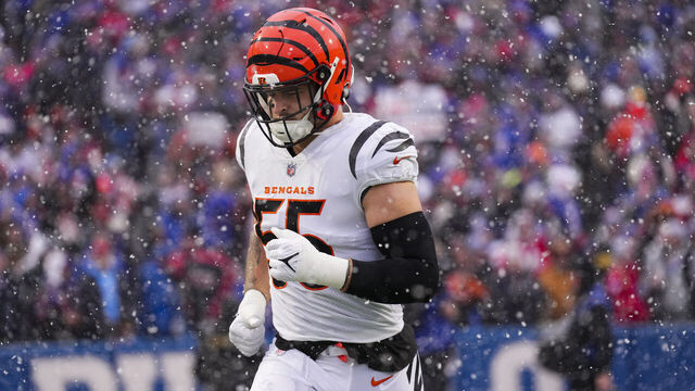 ORCHARD PARK, NY - JANUARY 22: Logan Wilson #55 of the Cincinnati Bengals runs onto the field during introductions against the Buffalo Bills at Highmark Stadium on January 22, 2023 in Orchard Park, New York.