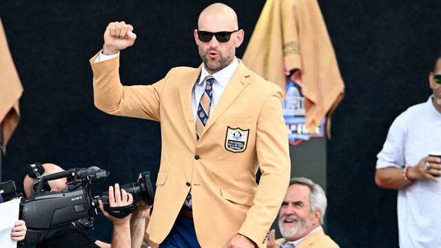 CANTON, OHIO - AUGUST 05: Joe Thomas is introduced during the 2023 Pro Football Hall of Fame Enshrinement Ceremony at Tom Benson Hall Of Fame Stadium on August 05, 2023 in Canton, Ohio.