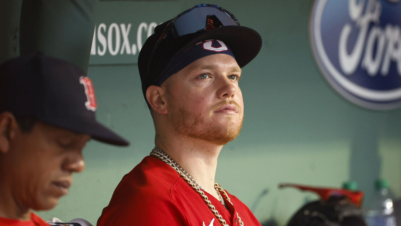 BOSTON, MA - AUGUST 05: Alex Verdugo #99 of the Boston Red Sox looks on from the dugout during the ninth inning against the Toronto Blue Jays at Fenway Park on August 5, 2023 in Boston, Massachusetts.