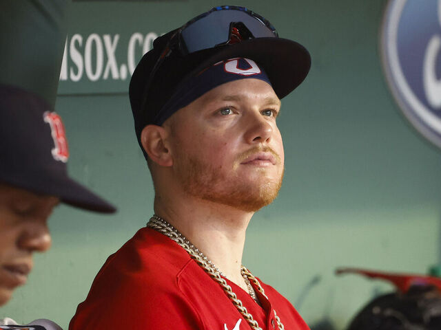 BOSTON, MA - AUGUST 05: Alex Verdugo #99 of the Boston Red Sox looks on from the dugout during the ninth inning against the Toronto Blue Jays at Fenway Park on August 5, 2023 in Boston, Massachusetts.